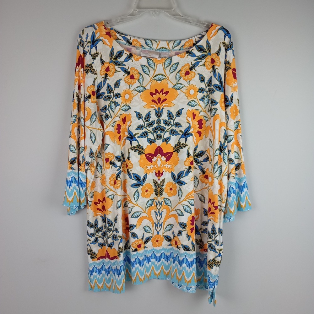 Belle Boho Kim Gravel Womens 1X Multi Color Floral 3/4 Sleeve Knit Tunic Top